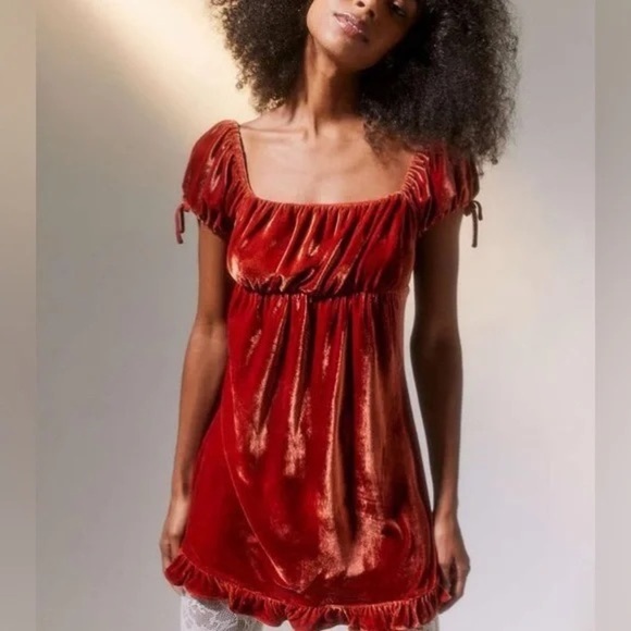 Urban outfitters velvet orange babydoll mini boho croquette fairy dress sz xs - Picture 1 of 14